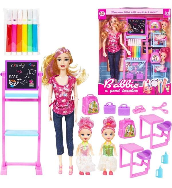 Folding Hands Teacher Doll Playset Toy With 2 Baby Doll Play Set For