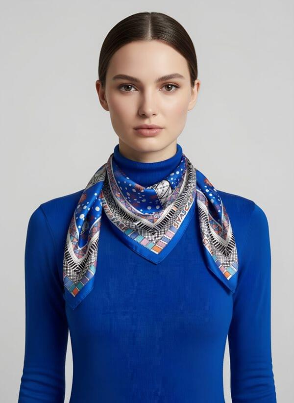 Woman in turtleneck sweater with colorful statement scarf